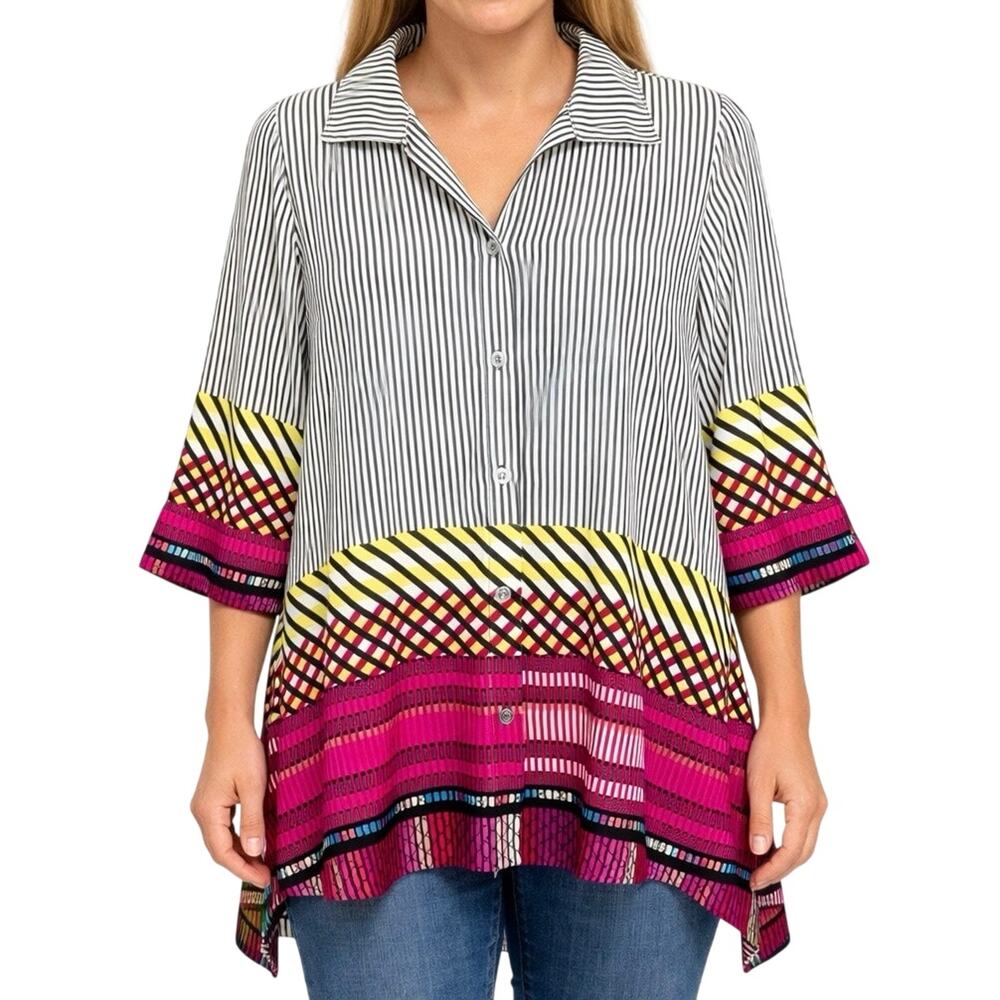 IC By Connie K Large White Wearable Art to Wear Artsy Blouse Shirt Top Abstract